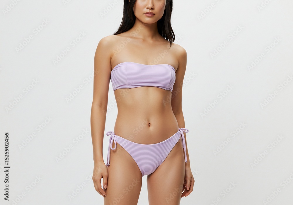 Naklejka premium Woman in swimwear posing for a summer fashion shoot against a white background