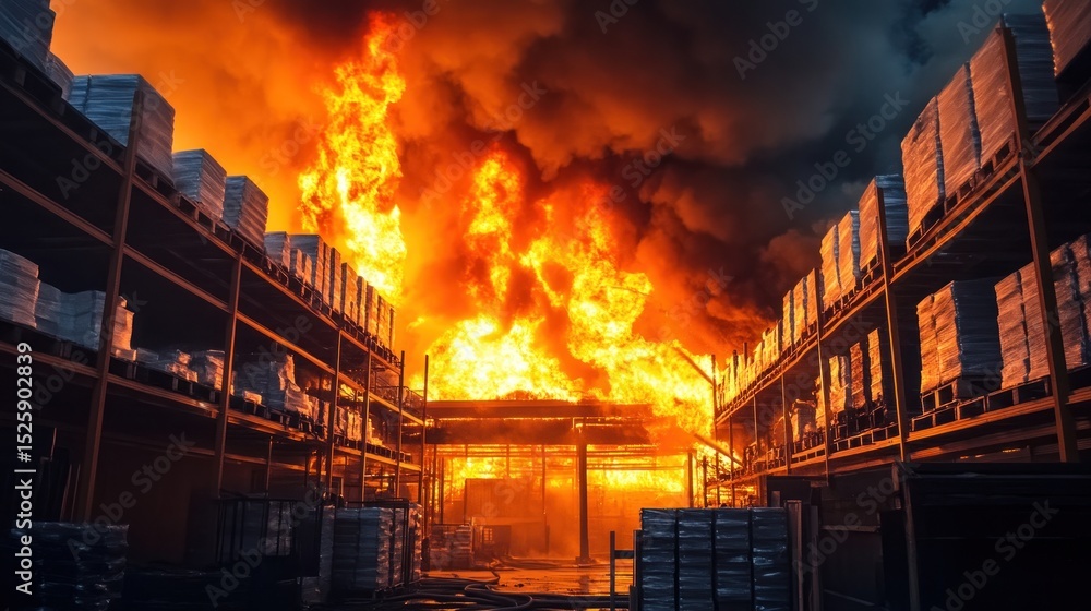 Obraz premium Massive Warehouse Fire with Intense Flames and Heavy Smoke