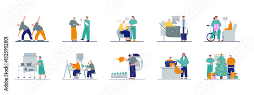 Nursing home illustration set. Senior housing, long term care, healthcare services. Flat vector illustration concept.