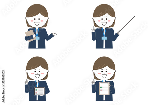 説明する女性のイラストセット