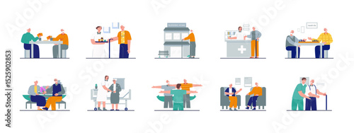 Nursing home illustration set. Senior housing, long term care, healthcare services. Flat vector illustration concept.