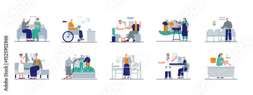 Nursing home illustration set. Senior housing, long term care, healthcare services. Flat vector illustration concept.