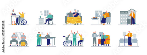 Nursing home illustration set. Senior housing, long term care, healthcare services. Flat vector illustration concept.