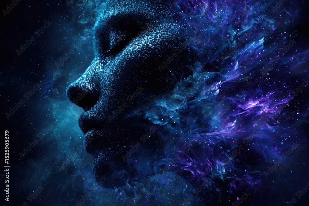 A profile view of a face, merged with cosmic nebulae. A profile view of a face, merged with cosmic nebulae.