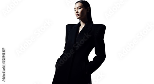 Elegant Woman in Black Coat with Strong Shoulders Looking Away