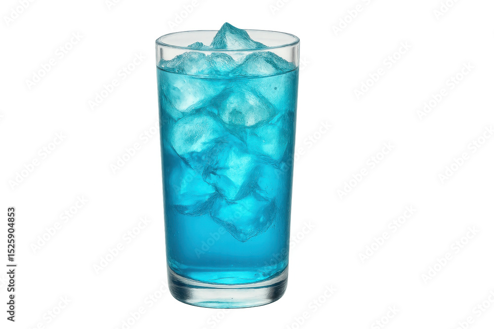 Glass of vibrant blue cocktail with ice cubes, isolated on transparent background, offering refreshing visual appeal Glass of vibrant blue cocktail with ice cubes, isolated on transparent background, offering refreshing visual appeal