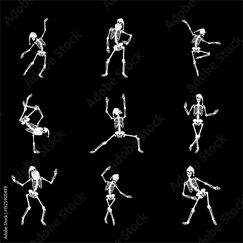 Dynamic skeleton illustration set in various action poses – ideal for Halloween, dance, or edgy designs