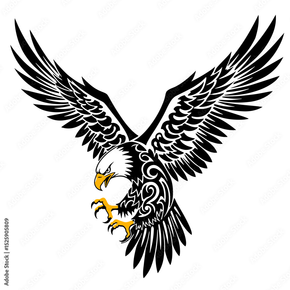 Fototapeta premium Illustration of a bald eagle with wings spread wide in black and white with yellow beak and talons