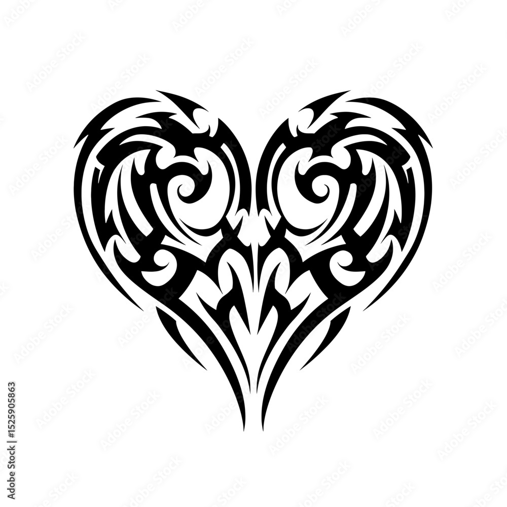 Fototapeta premium Heart shaped tribal tattoo design with intricate swirls and sharp edges in black ink on white background