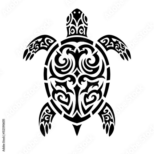 Stylized black and white turtle illustration with intricate tribal patterns on a white background design art