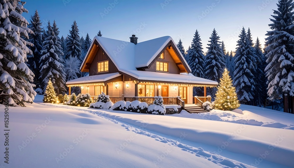 Snowy chalet at dusk Snowy chalet at dusk