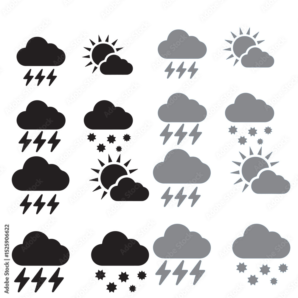 Weather Icons Set Sun Rain Snow Thunderstorm Cloud Symbols Graphic Design Elements Weather Icons Set Sun Rain Snow Thunderstorm Cloud Symbols Graphic Design Elements