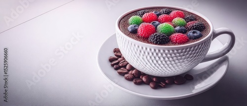 A large white coffee cup filled with a dark chocolate dessert topped with colorful berries and surrounded by coffee beans