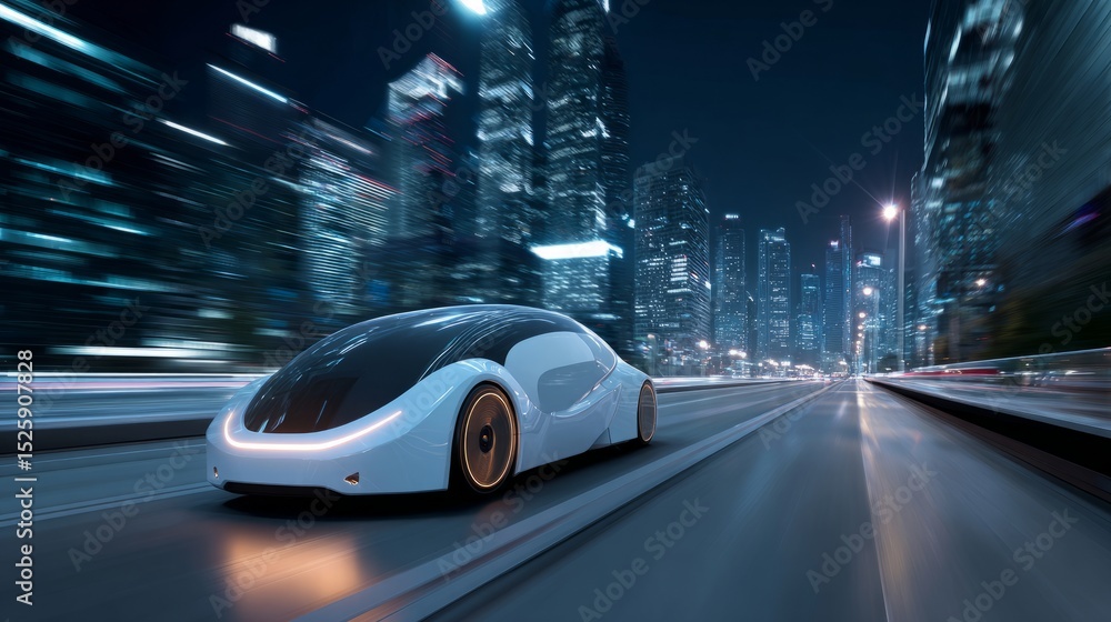 Fototapeta premium Futuristic vehicle gliding through city lights, embodying speed and urban innovation 