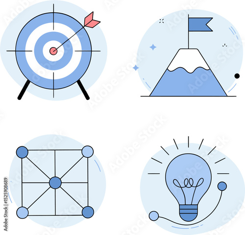 Milestone mastery icon set. Goal target board, flag mountain, growth tracking for achievement-based strategy  