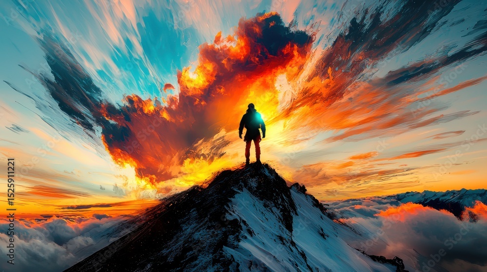 Fototapeta premium Dreamlike Fusion of Adventurous Spirit Against Colorful Horizon