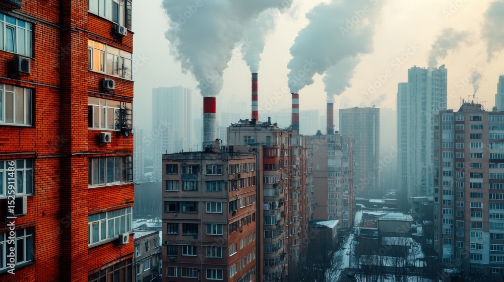 Naklejka premium Urban Landscape with Heavy Smog and Polluted Air Quality Effects