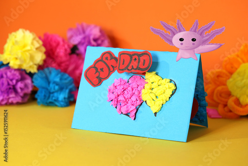 Beautiful, handmade card for dad for Father's Day. Children's creation of a card. Ideas of how it could look. Cute heart on the envelope. Gift for the best dad in the world.