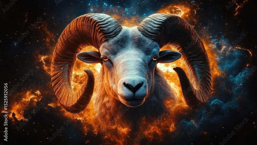 Naklejka premium Close-up of a majestic ram with large curved horns surrounded by fiery orange and blue cosmic clouds, evoking a powerful and mystical atmosphere