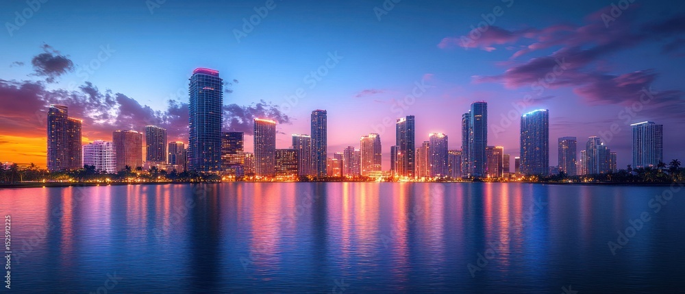 Obraz premium Vibrant city skyline at dusk with illuminated skyscrapers reflecting on calm water and colorful sunset sky
