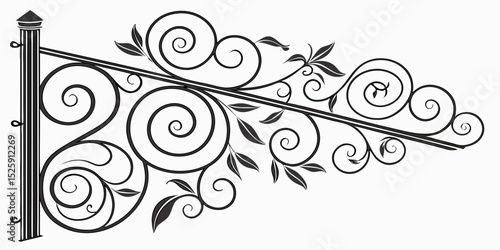 Elegant wrought iron gate and fence with floral swirl ornament in vintage black silhouette style