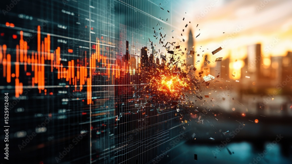 Fototapeta premium Shattered Financial Chart Displaying Collapsing Trends and Data Points