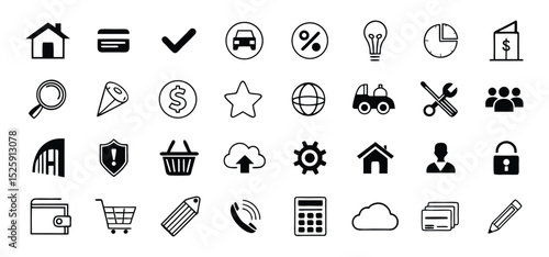 A collection of clean and minimalist black and white icon illustrations for various themes and concepts.