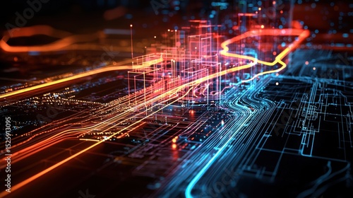 Top View of Holographic City Map with Dynamic Elements and Lights