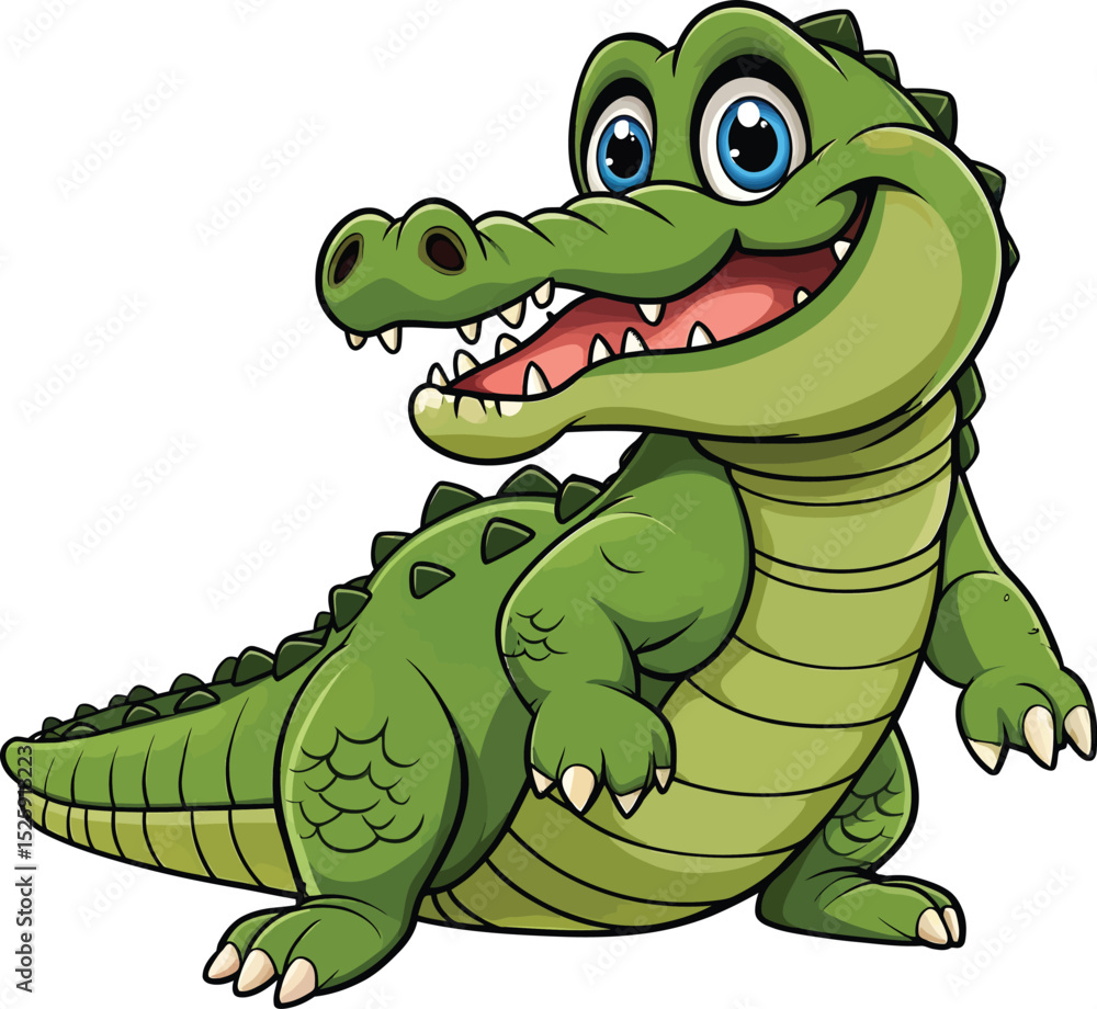 Fototapeta premium Friendly Cartoon Crocodile with Big Blue Eyes on White Background