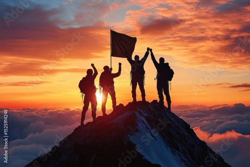 Four climbers triumphantly raising a flag on a mountain peak at sunset with vibrant orange and purple sky above clouds