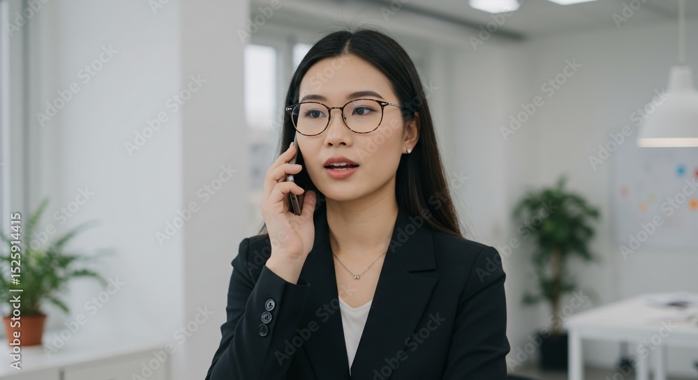 Asian woman speaks on phone in office interior. Business communication concept