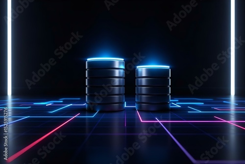 Futuristic Database Servers: 3D Render of Data Storage with Neon Lights on a Dark Background for Technology & IT Concepts