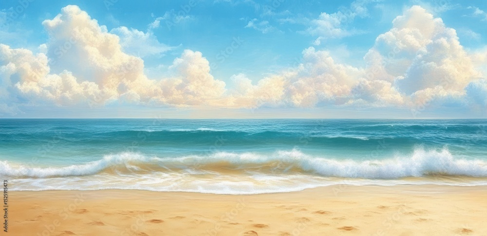 Fototapeta premium Serene and expansive beach scene with gentle waves crashing onto golden sandy shore under a bright sky filled with fluffy clouds