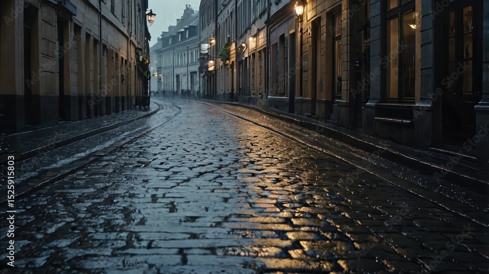 Fototapeta premium Wet cobblestone street reflecting city lights in a vintage european urban environment at dusk
