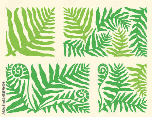 Vibrant green leaves and ferns inspired by the 70s floral wavy pattern