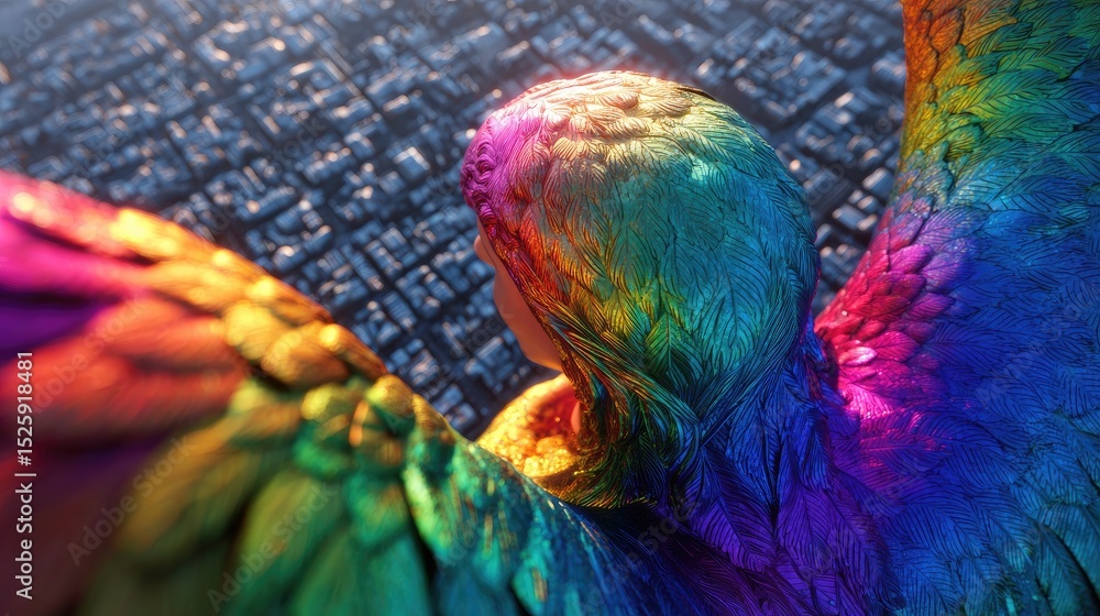 Obraz premium Colorful feathered wings against a city backdrop.