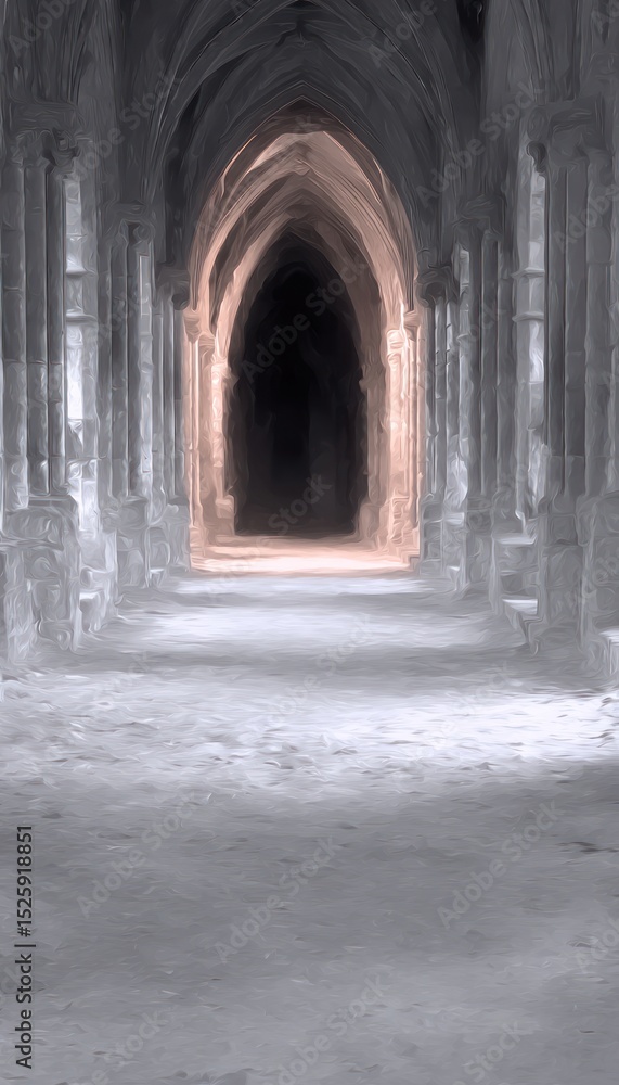 Obraz premium A long, shadowy cathedral aisle