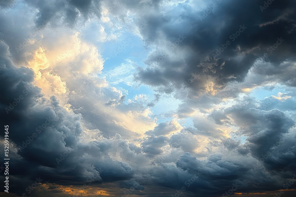 Obraz premium Dramatic sky filled with thick dark and light clouds partially revealing blue sky with warm sunlight peeking through at horizon