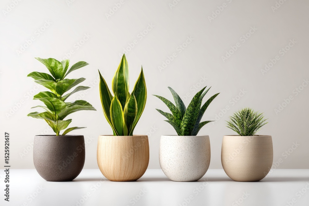 Fototapeta premium Three potted houseplants against a light background.