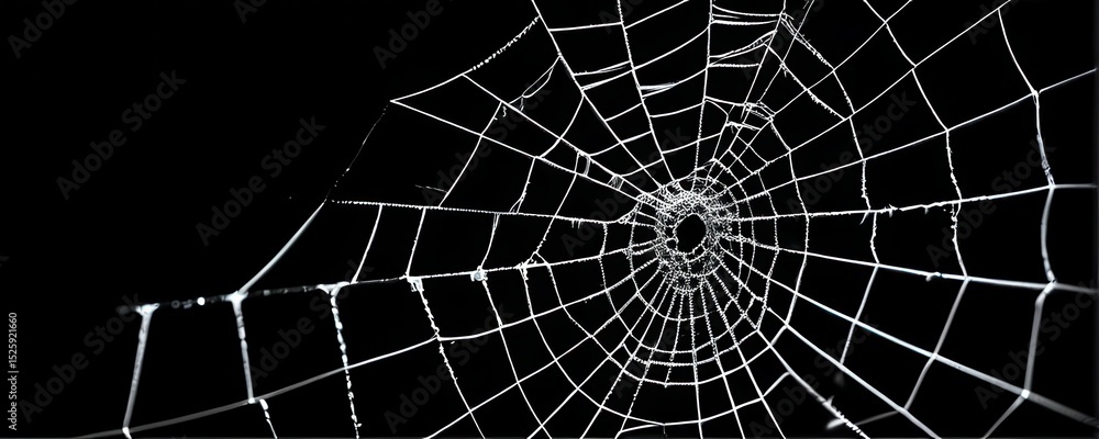 Fototapeta premium Intricate Spiderweb Close Up Monochrome Geometric Pattern on Black Background