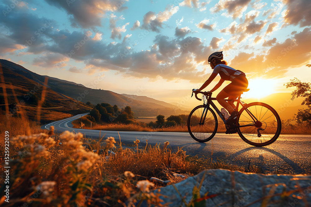 Fototapeta premium Biker traverses scenic road during sunset in tranquil countryside setting