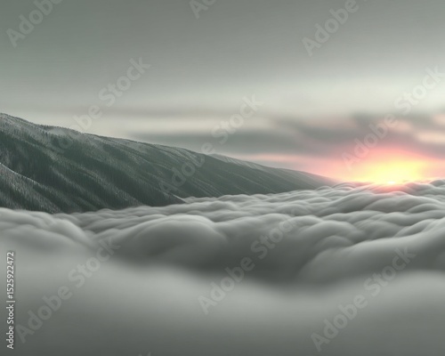 A majestic mountain range piercing a sea of clouds, bathed in the warm glow of sunrise