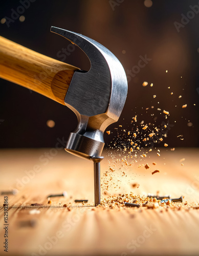 Hammer Hitting Nail in Wood with Dust Cloud