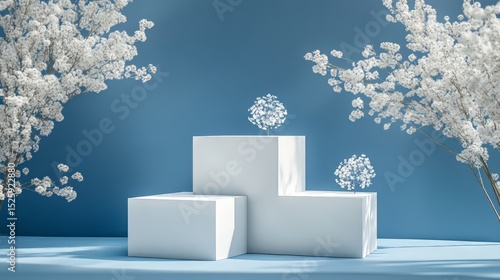 3D white geometric forms. Box podium in blue color. Minimal scene for product display.