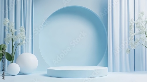 3D white geometric forms. Box podium in blue color. Minimal scene for product display.