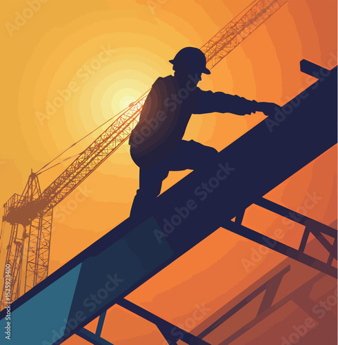 Silhouette of a male construction worker on a beam against a sunset background.
