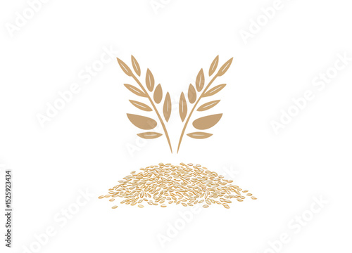 Golden wheat ears above a mound of grains, symbolizing abundance and agriculture.