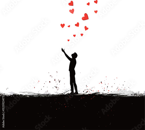 Silhouette of a person reaching for floating hearts in a minimalist design.