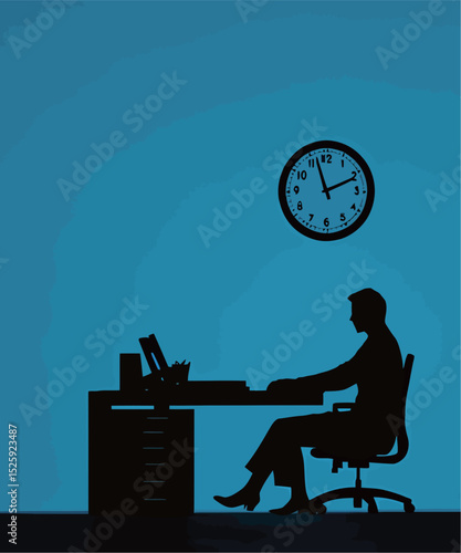 Silhouette of a man working at a desk against a blue background with a clock.
