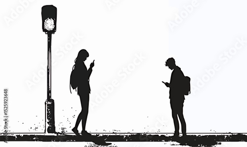 Silhouettes of a man and woman absorbed in their phones at a crosswalk.